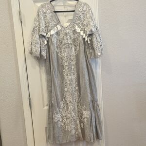 Anthropologie Gray Maxi Dress with White Embroidery